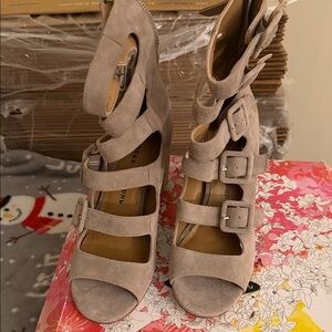 Chinese Laundry Taupe Suede Buckle Heels